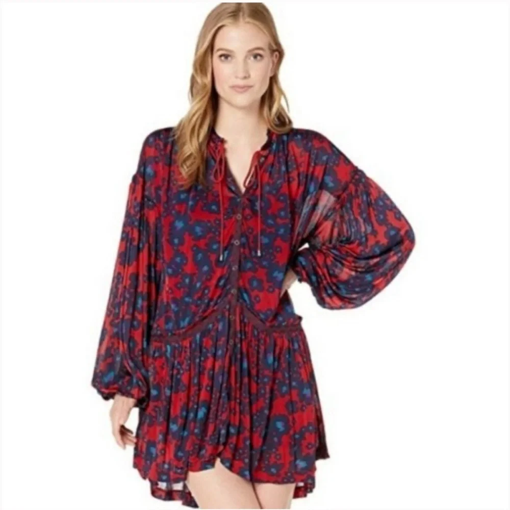 Free People Merlot Combo Love Letter Red & Blue Floral Dress Size Small